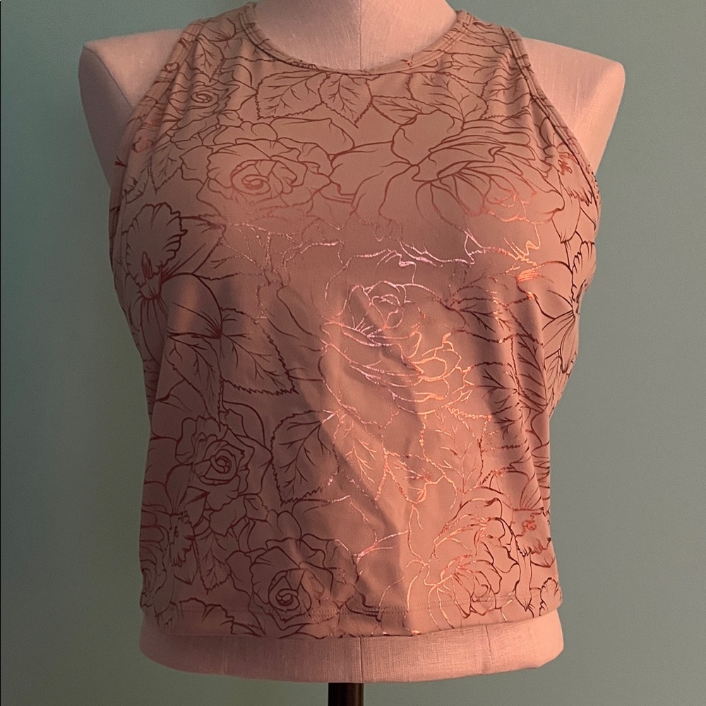 Senita Women's beige with gold Floral print work out top.  XL